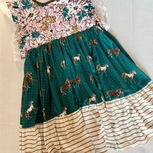 Jane & Jo Charming Kids Dress with Floral and Horse Patterns (128A)